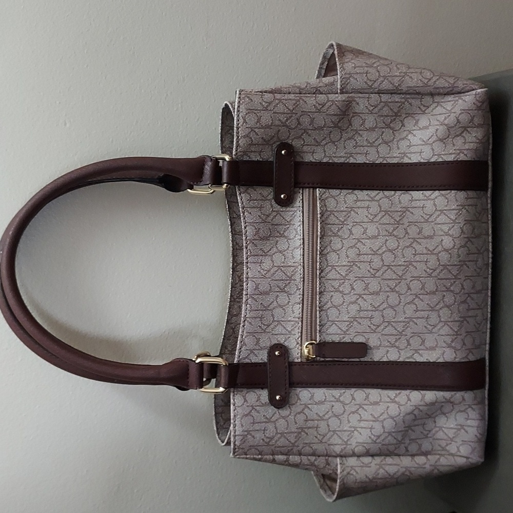 Calvin Klein Beige and Brown Monogram Satchel Bag - Picture 2 of 7